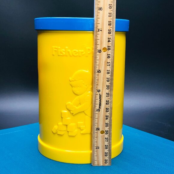 1977 Fisher Price Baby's First Blocks Shape Sorter Yellow Bucket Blue Lid - Picture 10 of 10